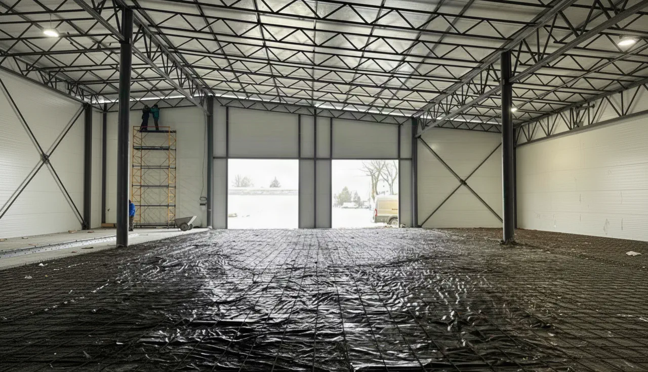 Enclosed sandwich-panel building: waterproofing membrane laid over the prepared base with rebar mesh in place