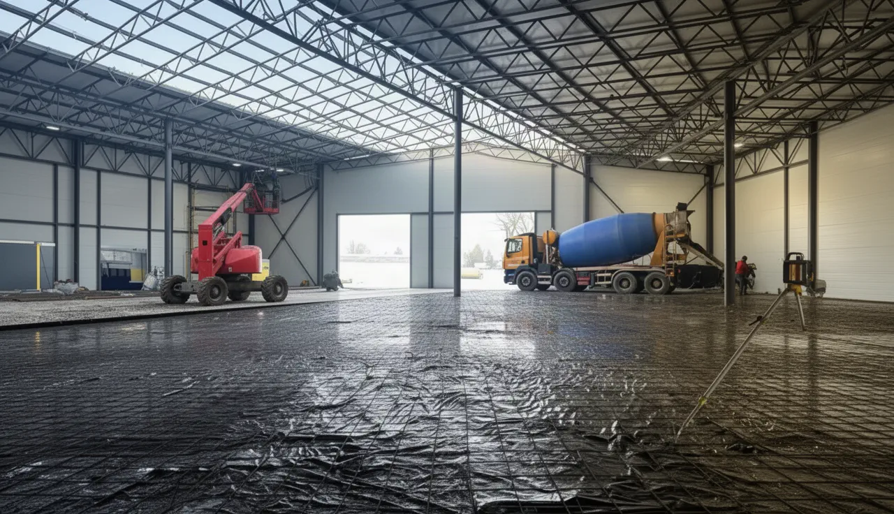 A concrete mixer truck delivers concrete onto the reinforced base, with a laser level on a tripod nearby