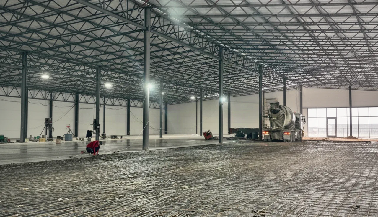 Pouring an industrial floor on a reinforced base